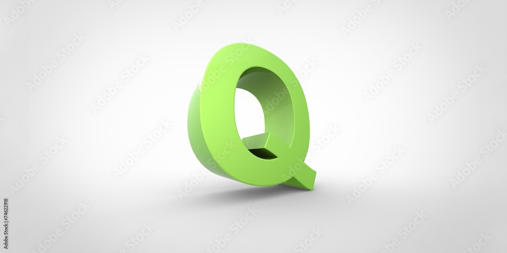 Q 3D font big neon green letter on white gray background Q 3D font big neon green letter on white gray background