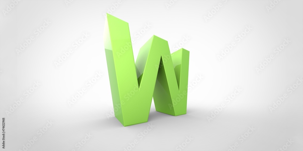 W 3D font big neon green letter on white gray background W 3D font big neon green letter on white gray background