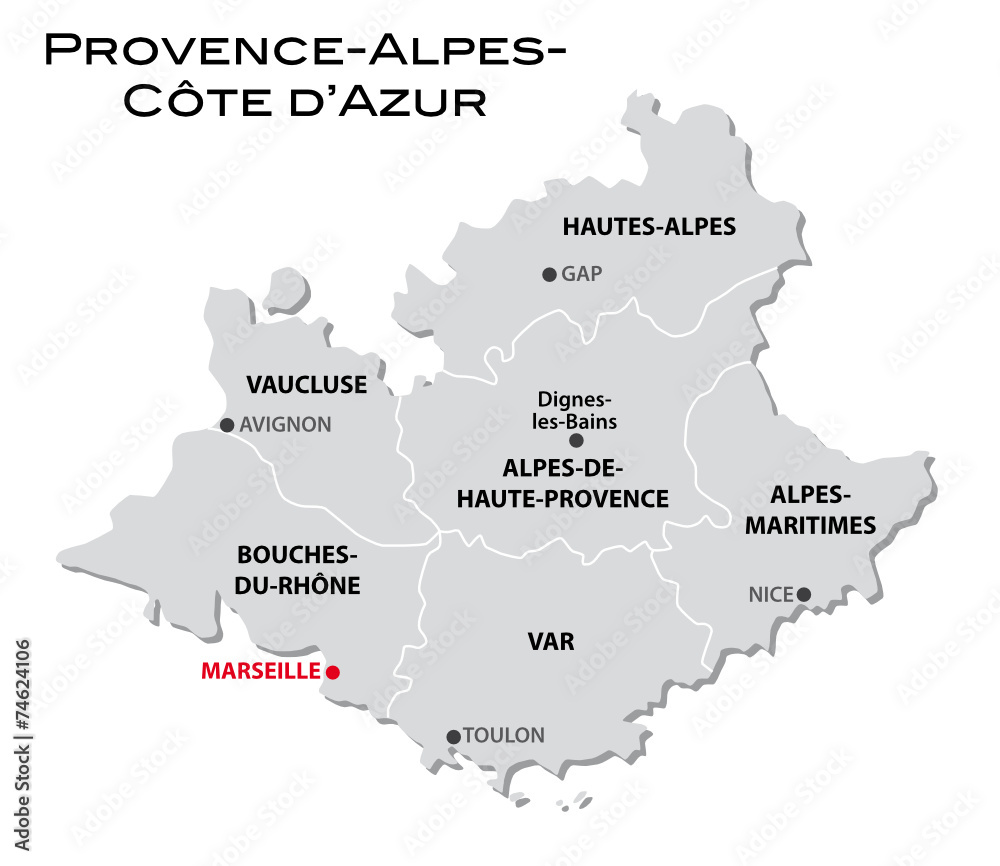 simple administrative map Provence-Alpes-Cote d'Azur Stock Vector | Adobe  Stock