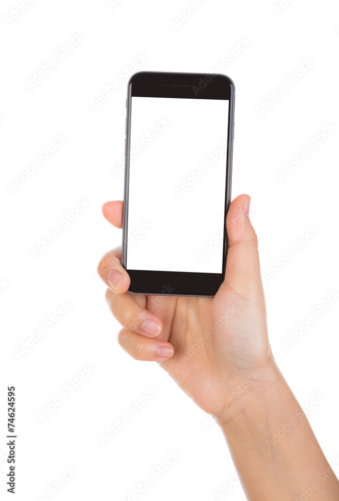 Hand holding mobile smart phone with blank screen Isolated on wh Hand holding mobile smart phone with blank screen Isolated on wh