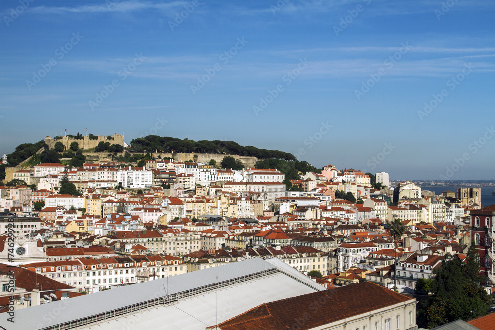 Lisbon downtown area with landmark castle 