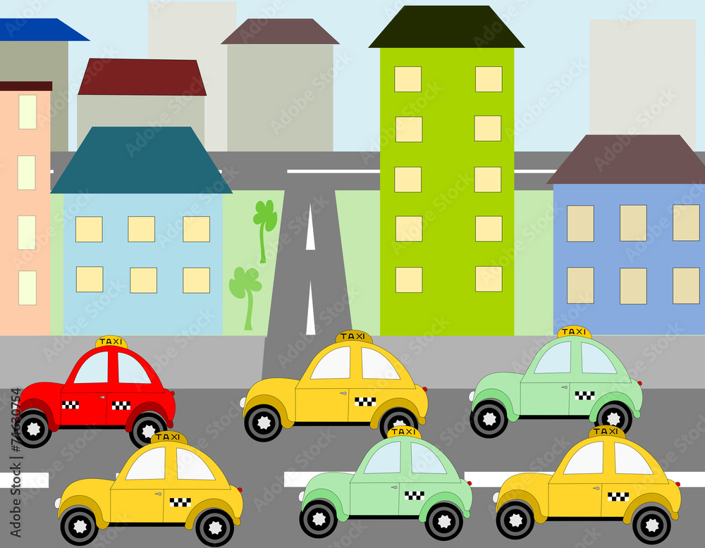 Cars taxi ride into town on the road Cars taxi ride into town on the road