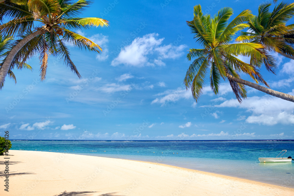 Naklejka premium Perfect tropical beach with palms and sand, Mauritius