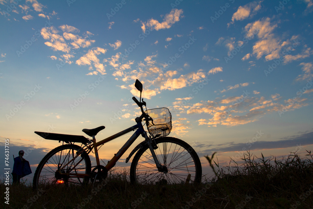 Fototapeta premium Silhouette of mountain bikes with farmer on grass under sky.