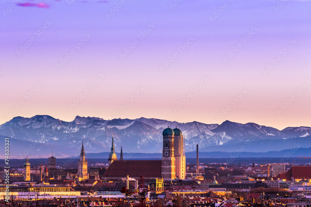 Munich Alps sunset - obrazy, fototapety, plakaty 