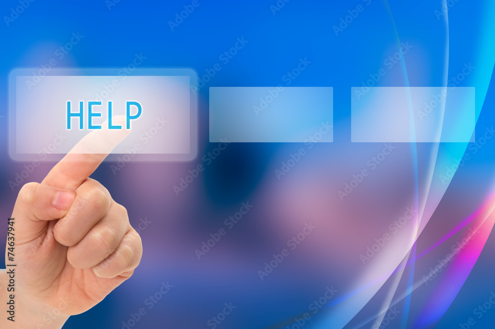 Child finger touching help button on a virtual screen Child finger touching help button on a virtual screen