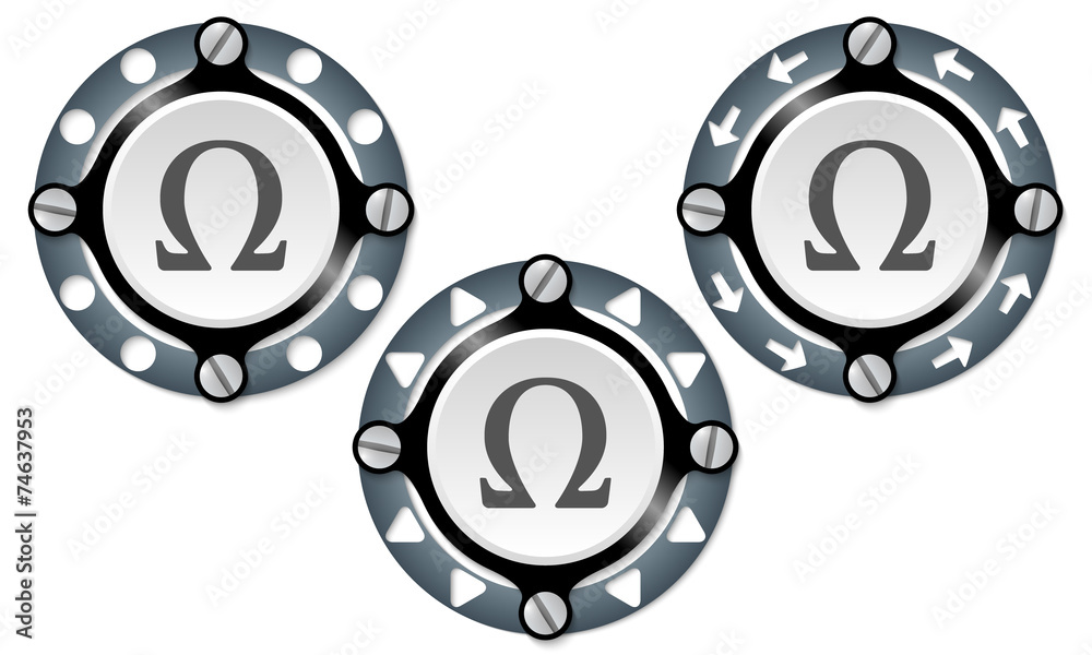 Set of three icons with perforated ring and omega Set of three icons with perforated ring and omega