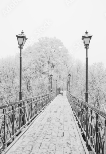 Winter city park. Lovers Bridge in Kiev. Ukraine.