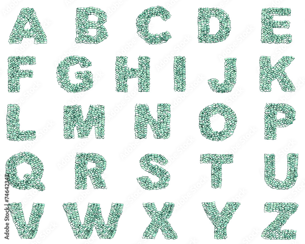 Alfabeto AZ lettere smeraldo verde gemme 3d, sfondo bianco Alfabeto AZ lettere smeraldo verde gemme 3d, sfondo bianco