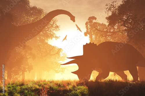 Canvas Print Mysterious Magical Prehistoric Fantasy Scene Sunset Sunrise 3D