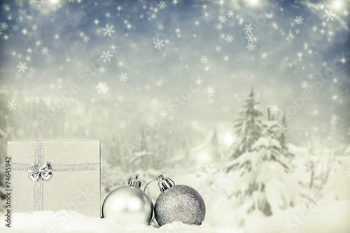 Christmas decorations against winter background