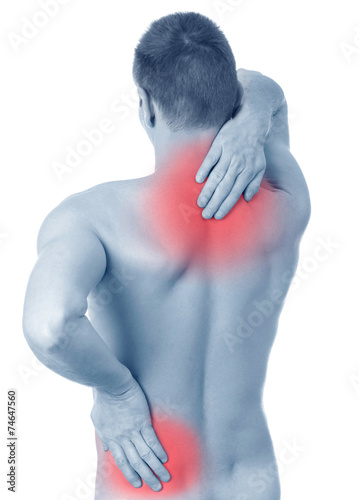 man suffers from pain in the spine and shoulder