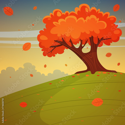 Tree on the hill, autumn landscape.