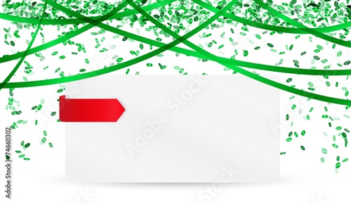 falling green confetti and blank paper