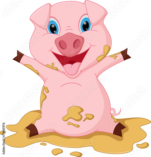 Happy pig cartoon playing in mud
