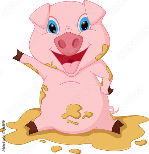 Happy pig cartoon playing in mud
