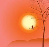 landscape with tree and a raven on sunset sky background