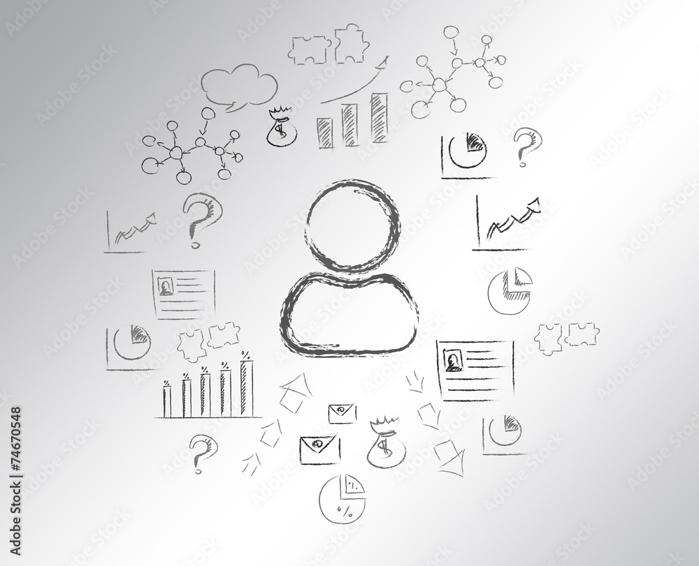 icons drawn in pencil on a gray background. silhouette of man. icons drawn in pencil on a gray background. silhouette of man.
