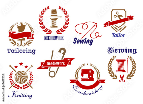 Needlework, knitting and tailoring emblems and icons