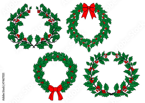 Christmas holly wreaths set
