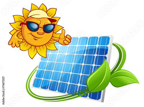 Sun energy concept with cartoon sun and solar panel