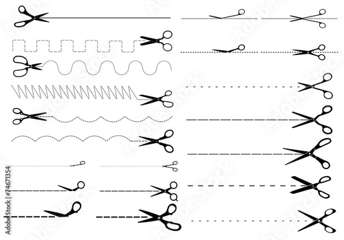 Dotted and dashed cut lines with scissors set