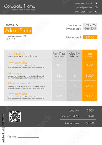 Invoice template - clean modern style of orange and grey