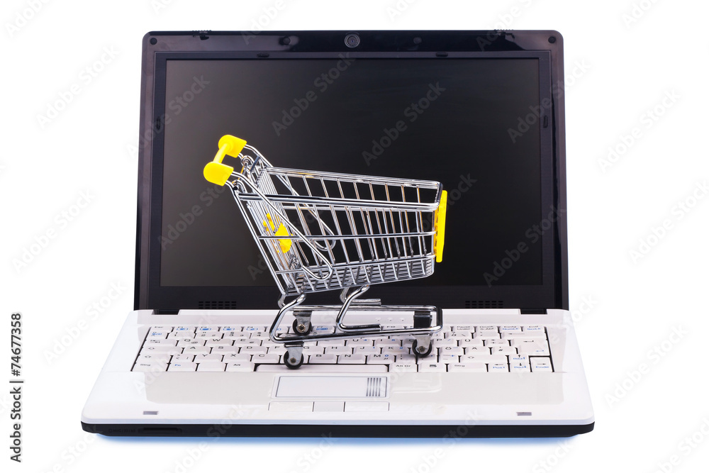 Warenkorb und Tastatur. Online Shopping