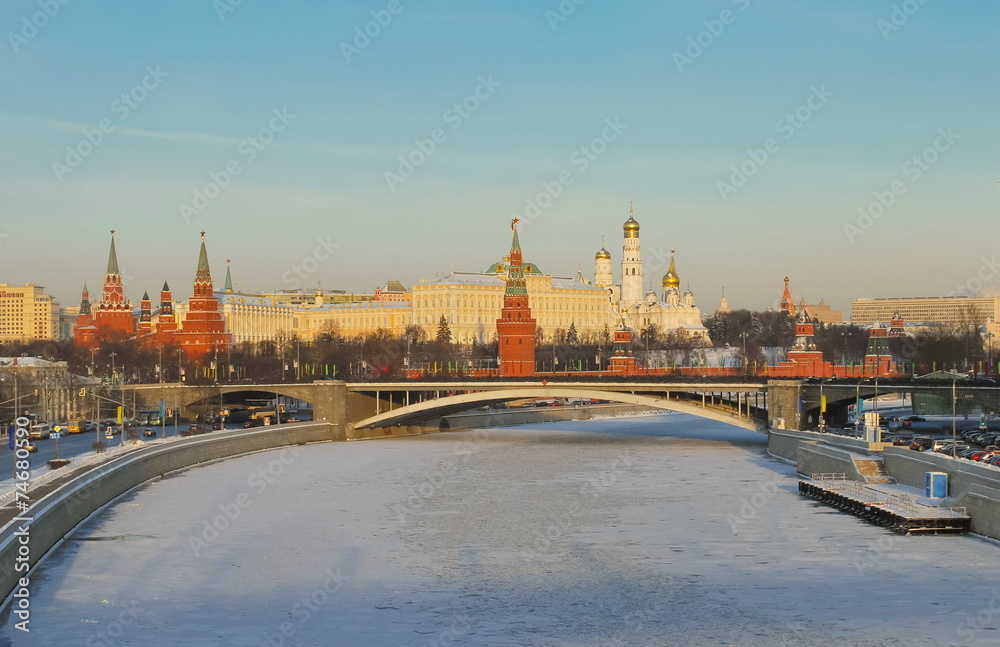 View of  Kremlin, Patriarchal bridge and Moscow river embankment