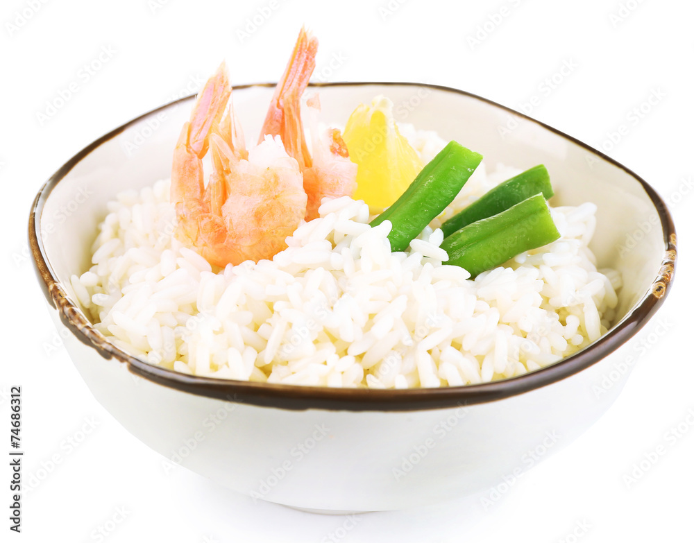 Boiled rice with shrimps and vegetables isolated on white Boiled rice with shrimps and vegetables isolated on white