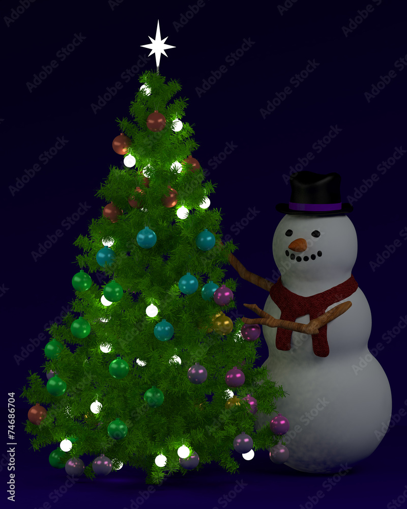 Festive Christmas tree and snowman Festive Christmas tree and snowman