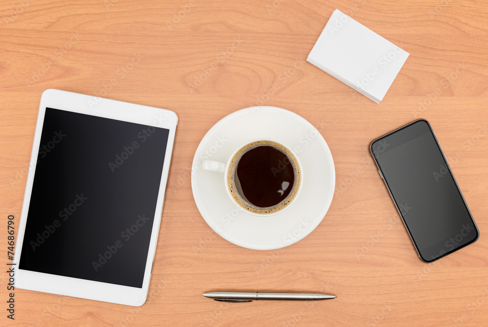 Office desk, Working on a Wooden Table with tablet Office desk, Working on a Wooden Table with tablet