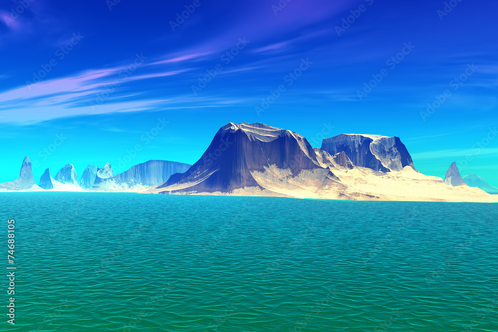 3D rendered fantasy alien planet. Rocks and sea