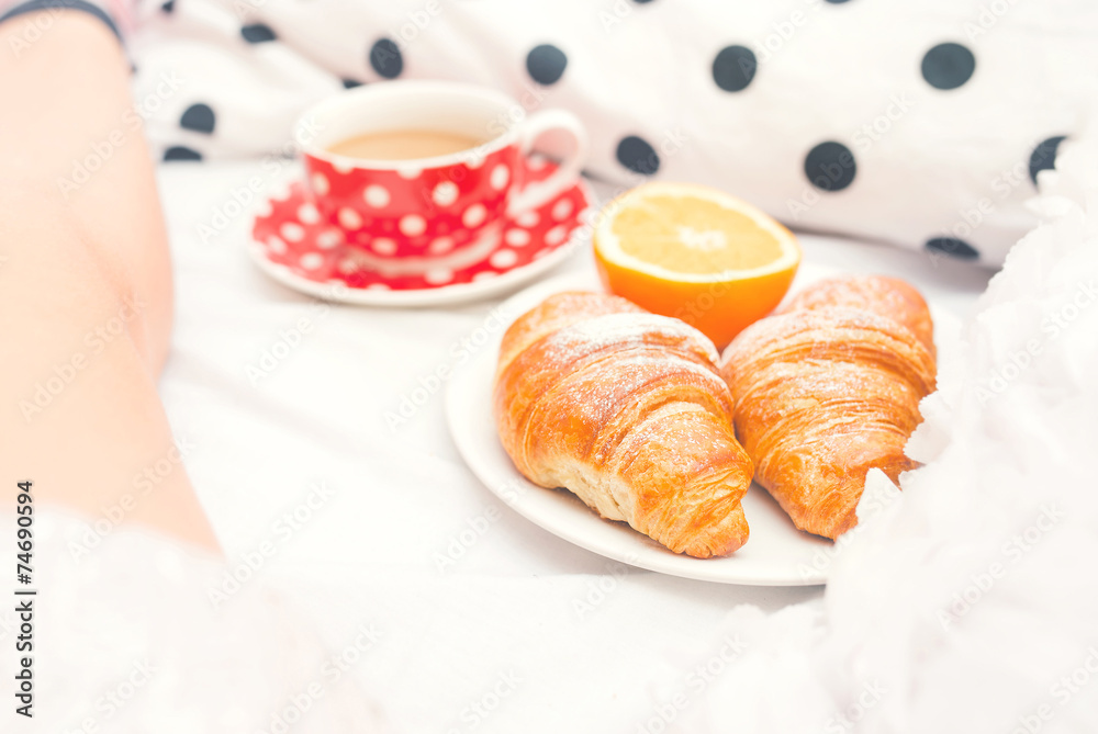 Croissants, caramel cookies and chocolate with milk as breakfast Croissants, caramel cookies and chocolate with milk as breakfast