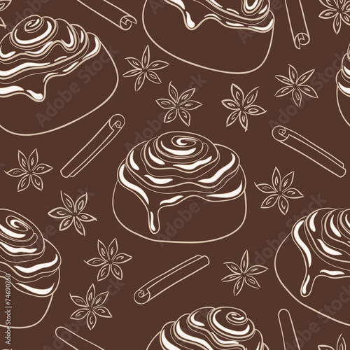 Seamless pattern with cinnamon rolls with frosting and spice