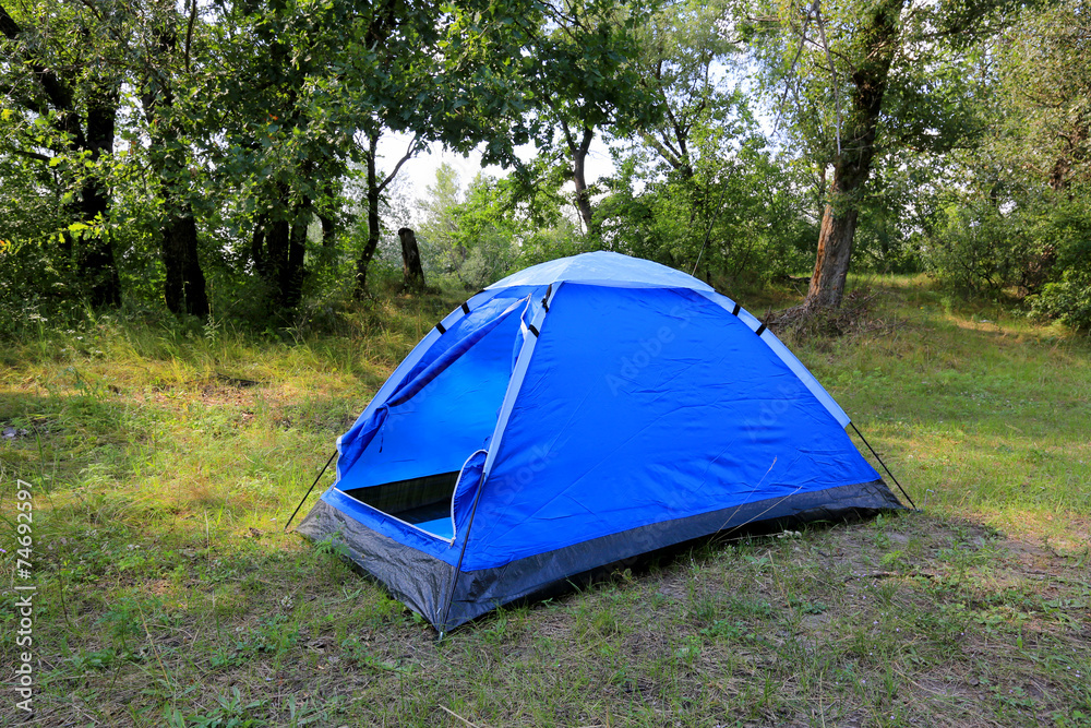 tourist tent in forest camp