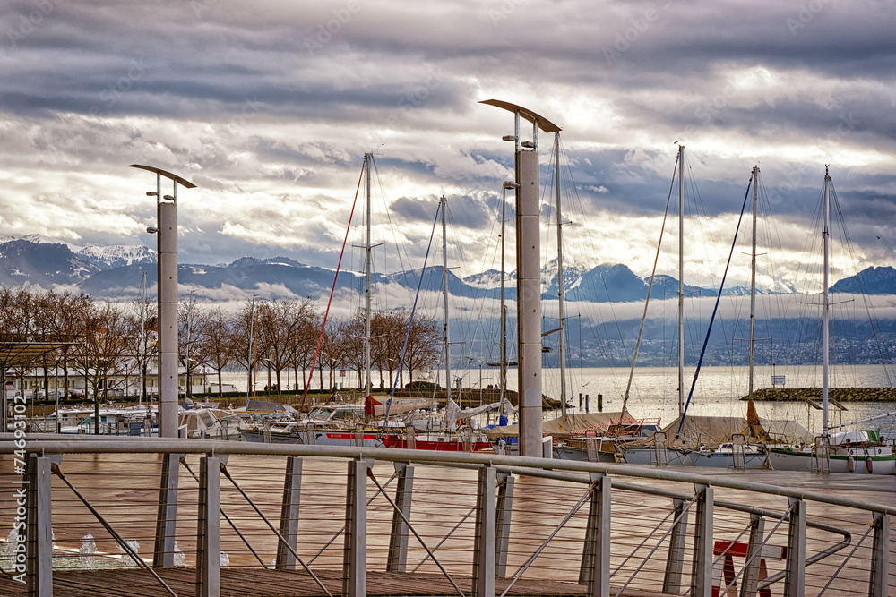 Quay of Geneva lake and Motblanc view  in Lausanne