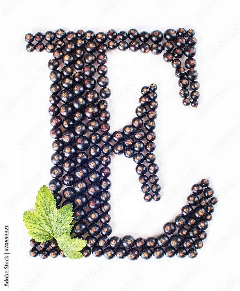 letter E made with black and red currants and green leaves letter E made with black and red currants and green leaves