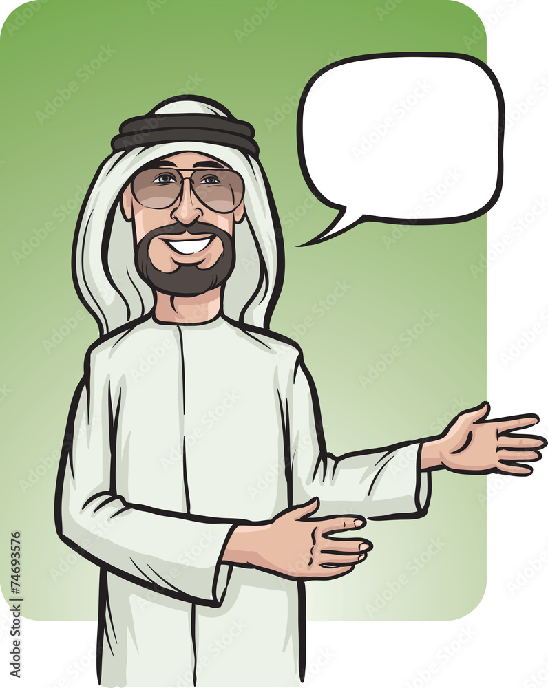 standing smiling arab man showing direction