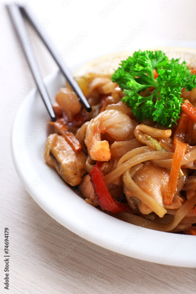 Chinese noodles with vegetables and seafood Chinese noodles with vegetables and seafood
