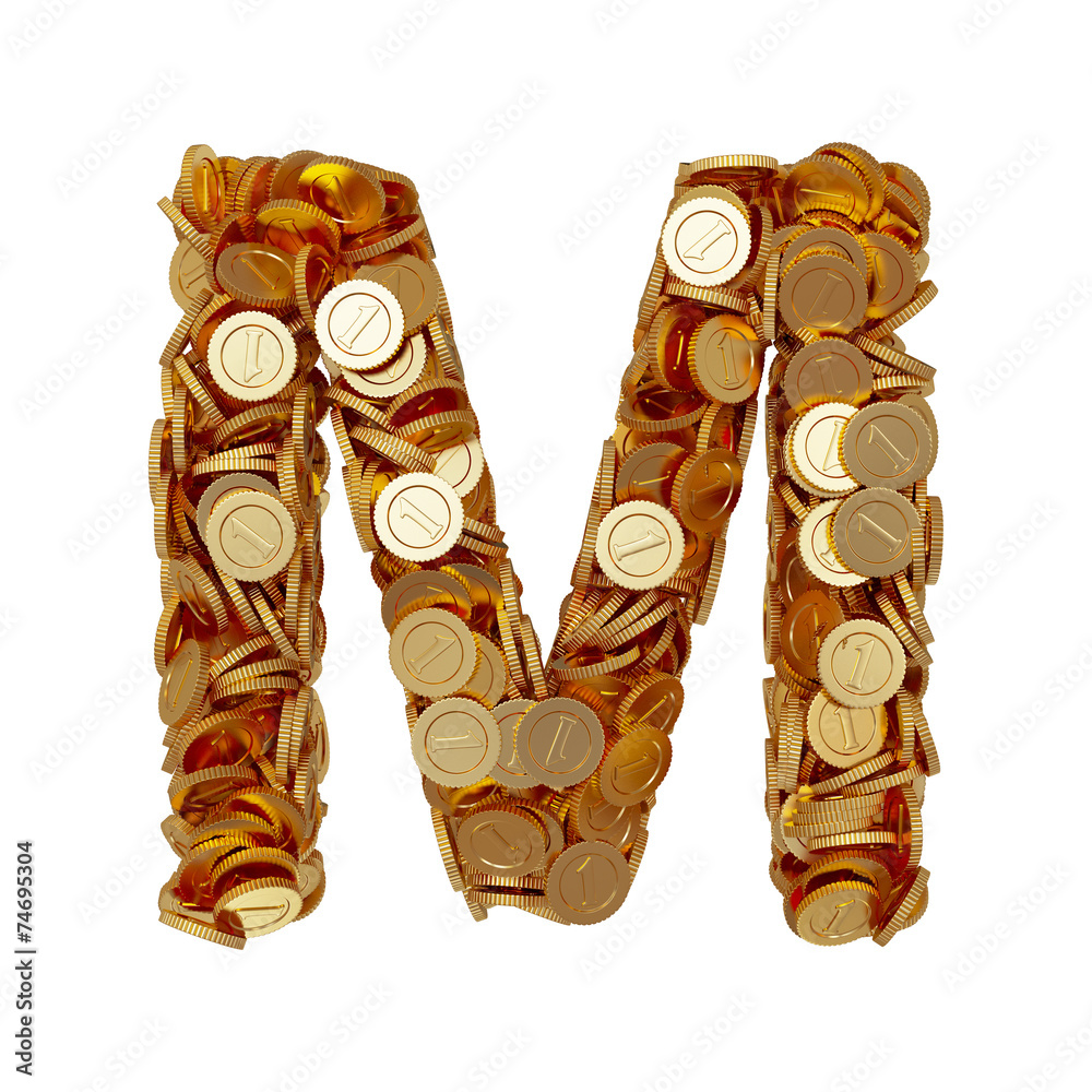 Alphabet letter M with golden coins isolated on white background