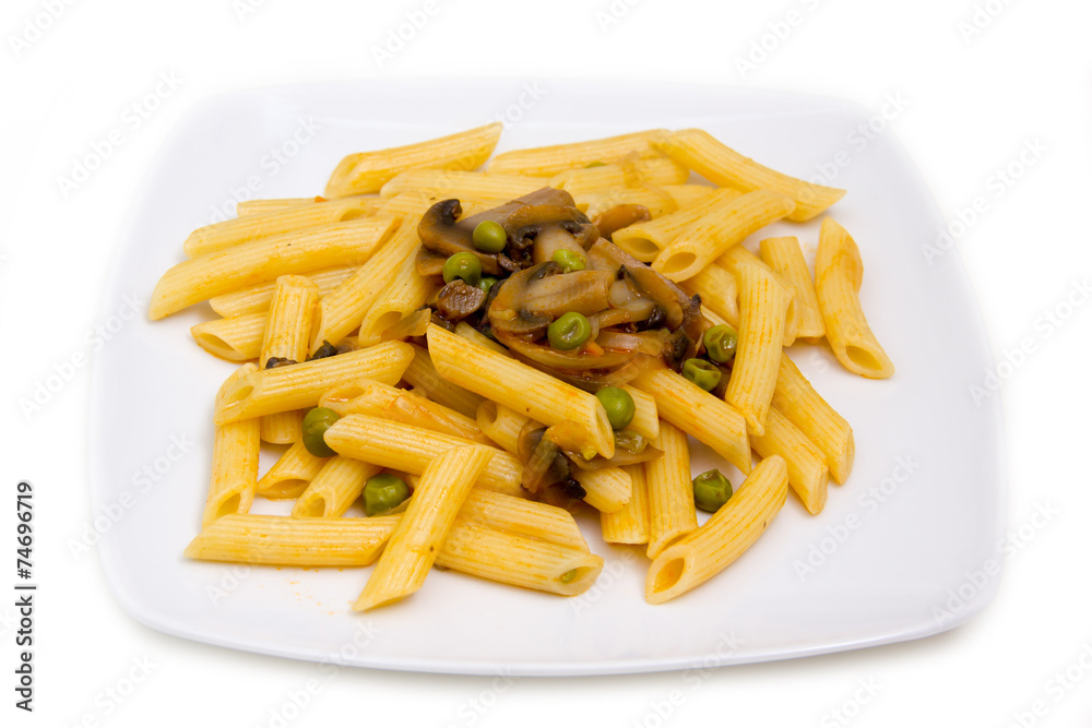 Pasta with mushrooms and peas on white background Pasta with mushrooms and peas on white background