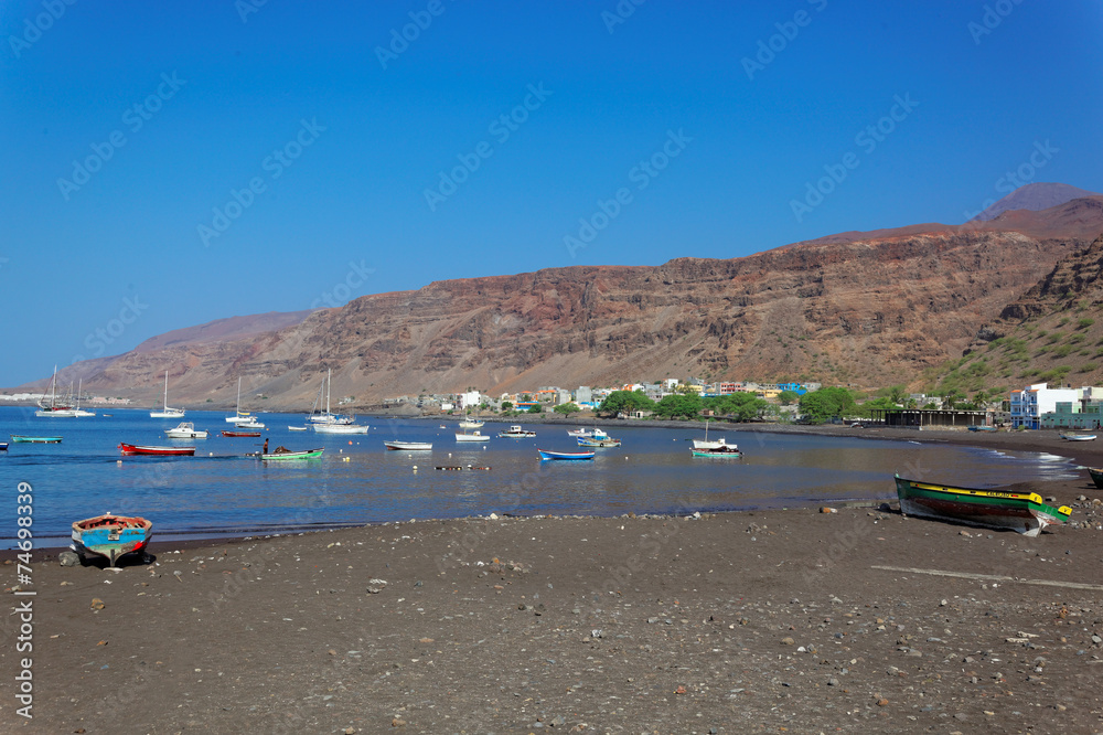 Fishing boats in bay of Tarrafal, island Sao Nicolau, Cape Verde