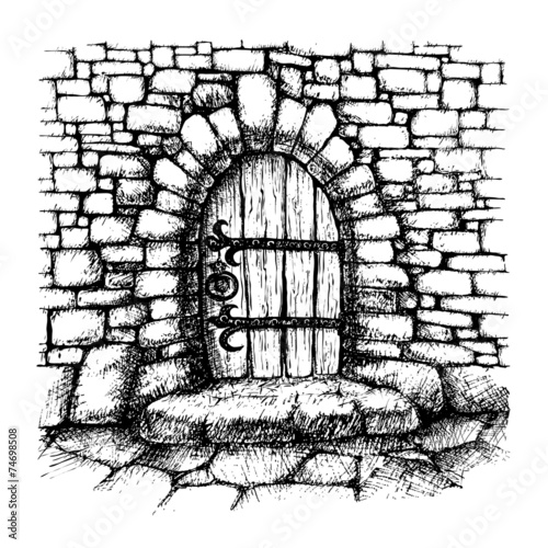 Arched door in a stone wall , scatch