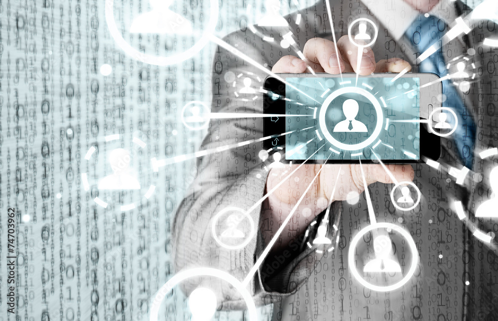 Fototapeta premium Business Hand holding a phone show the social network