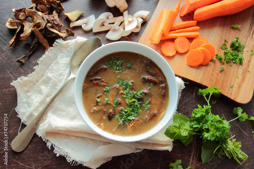 Bowl with fresh mushroom soup with parsley herbs