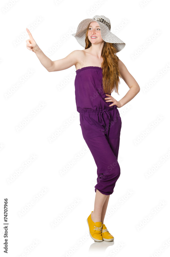 Woman pressing virtual button isolated on white Woman pressing virtual button isolated on white