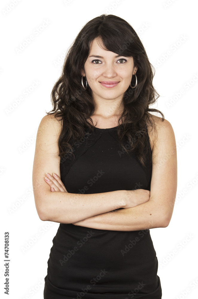 beautiful young brunette woman with black top posing crossing beautiful young brunette woman with black top posing crossing