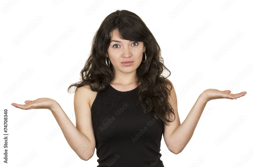 beautiful young brunette woman with black top holding palms up beautiful young brunette woman with black top holding palms up