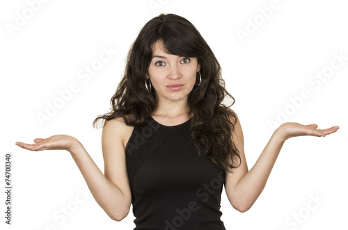 beautiful young brunette woman with black top holding palms up